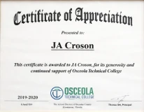 Certificate of Appreciation for JA Croson